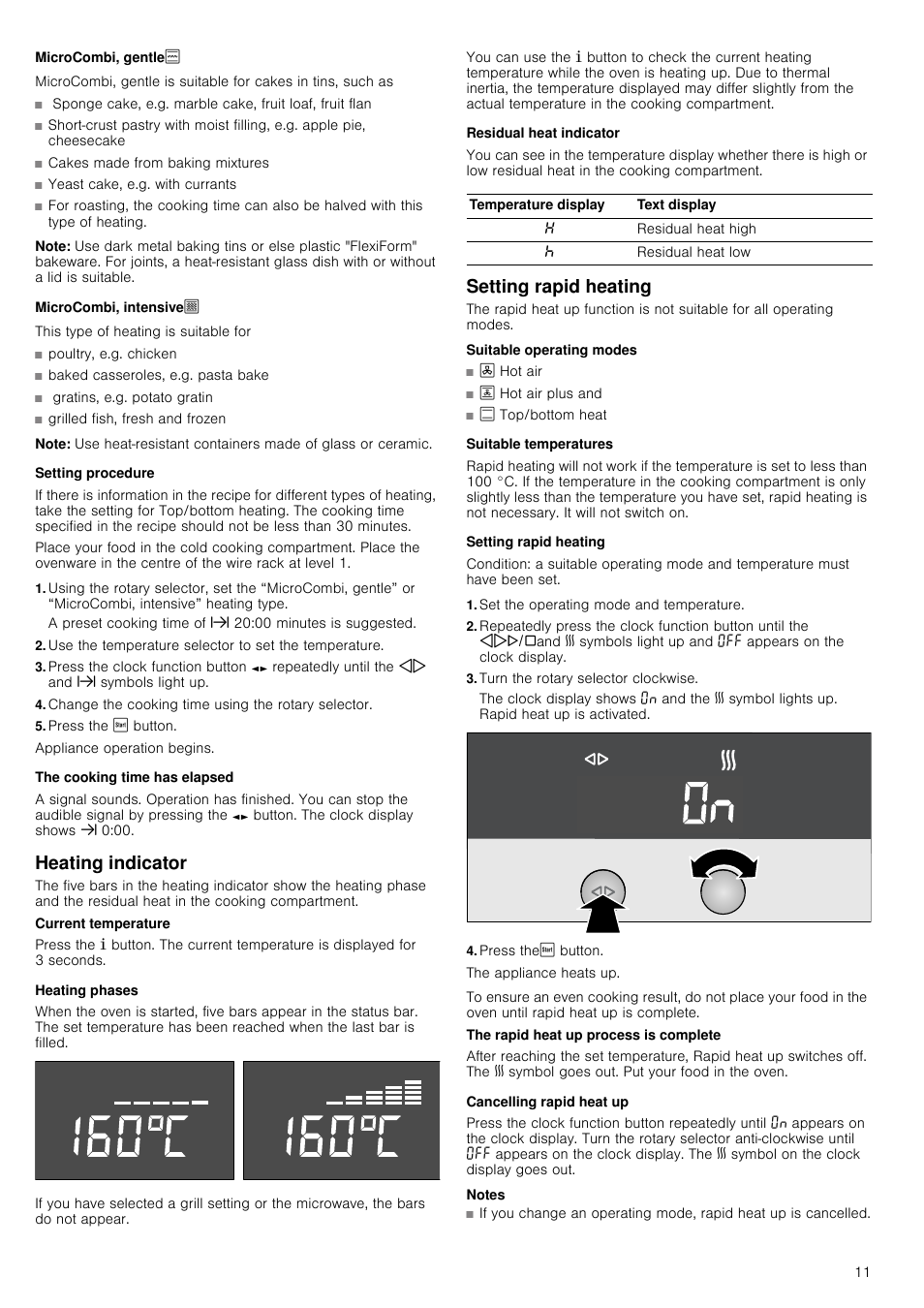 Microcombi, gentleà, Note, Microcombi, intensiveá | Setting procedure, Change the cooking time using the rotary selector, Press the ƒ button, The cooking time has elapsed, Heating indicator, Heating phases, Residual heat indicator | Neff C67M70N3GB User Manual | Page 11 / 40