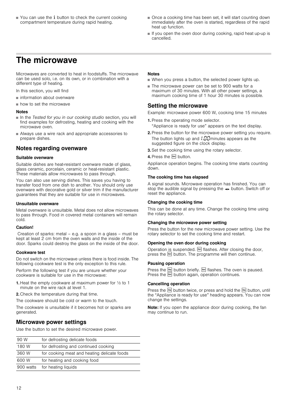 The microwave, Notes, Notes regarding ovenware | Suitable ovenware, Unsuitable ovenware, Caution, Cookware test, Check the temperature during that time, Microwave power settings, Setting the microwave | Neff C67M70N3GB User Manual | Page 12 / 40