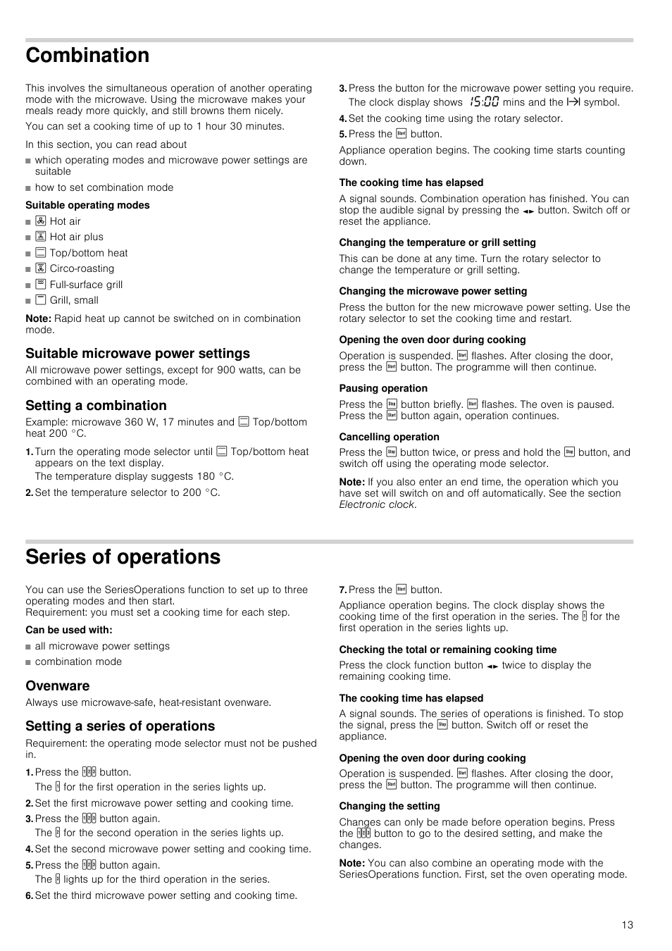 Combination, Suitable operating modes, Note | Suitable microwave power settings, Setting a combination, Set the temperature selector to 200 °c, Set the cooking time using the rotary selector, Press the ƒ button, The cooking time has elapsed, Changing the temperature or grill setting | Neff C67M70N3GB User Manual | Page 13 / 40
