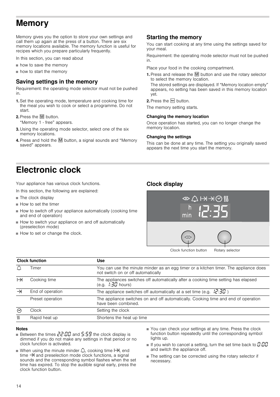 Memory, Saving settings in the memory, Press the l button | Starting the memory, Press the ƒ button, Changing the memory location, Changing the settings, Electronic clock, Clock display, Notes | Neff C67M70N3GB User Manual | Page 14 / 40