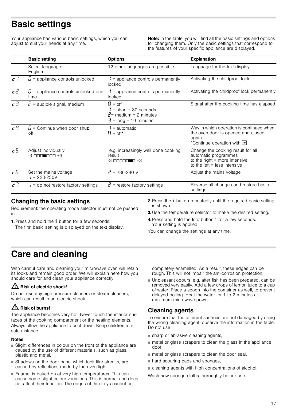 Basic settings, Note, Changing the basic settings | Press and hold the ± button for a few seconds, Care and cleaning, Notes, Cleaning agents, Ttings | Neff C67M70N3GB User Manual | Page 17 / 40