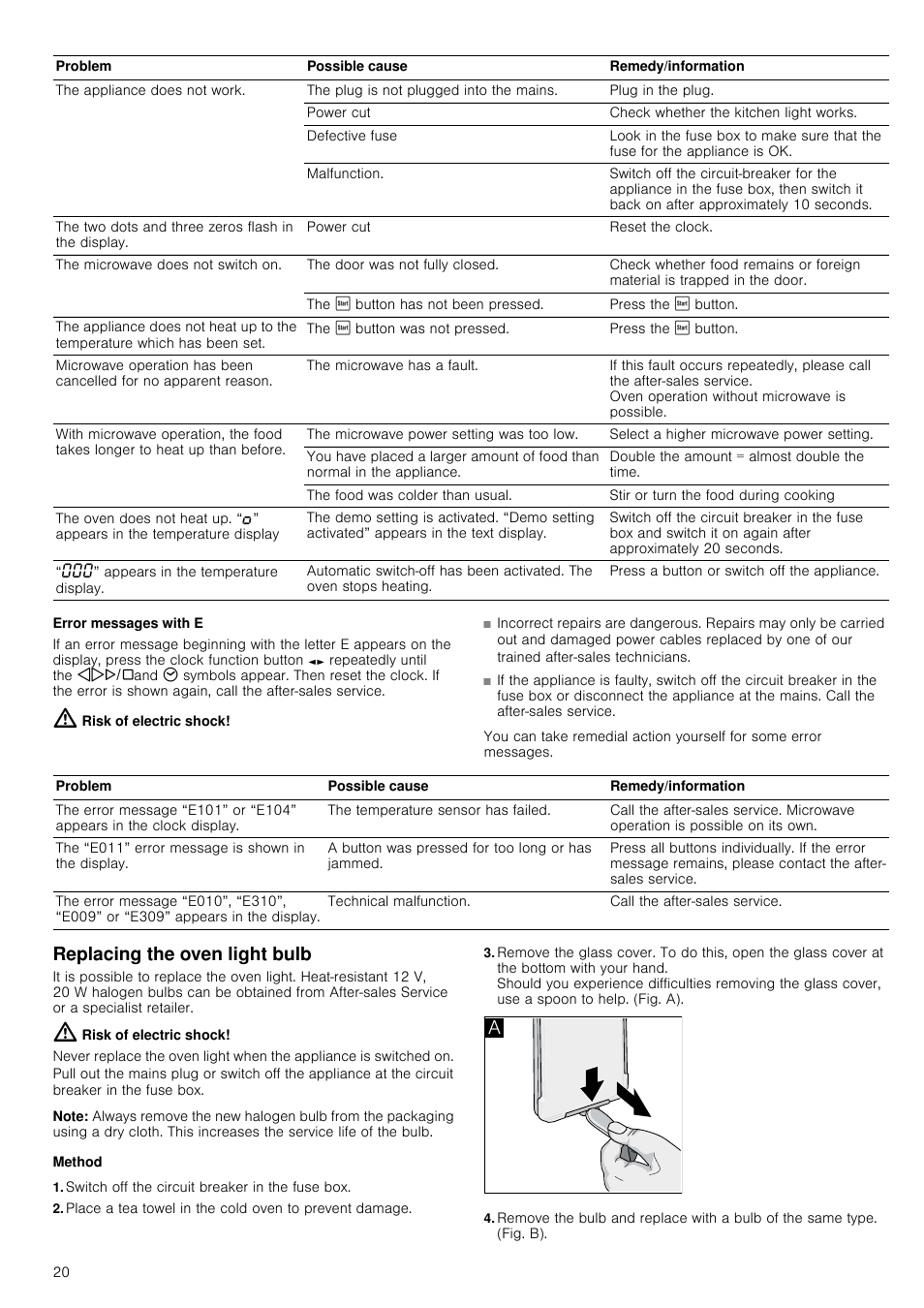 Error messages with e, Replacing the oven light bulb, Note | Method, Switch off the circuit breaker in the fuse box | Neff C67M70N3GB User Manual | Page 20 / 40