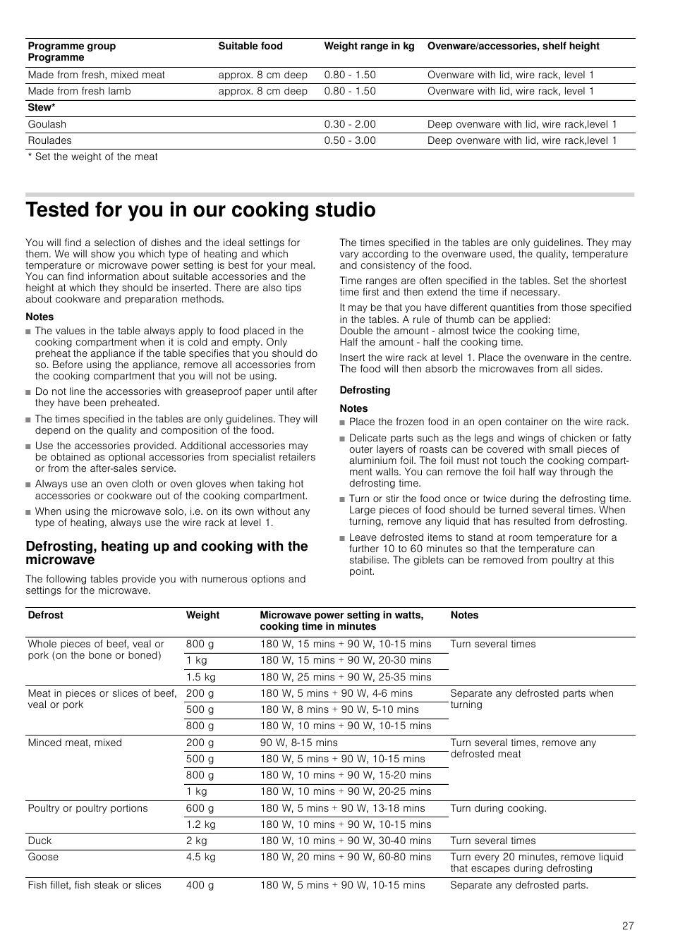 Tested for you in our cooking studio, Notes, Defrosting | Neff C67M70N3GB User Manual | Page 27 / 40