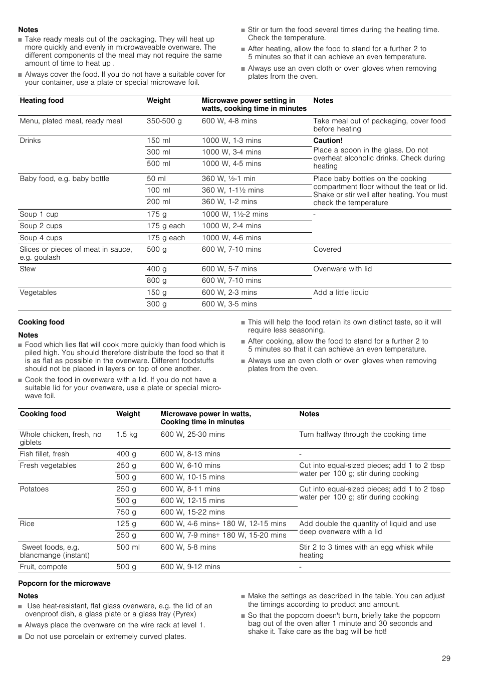 Notes, Cooking food, Popcorn for the microwave | Neff C67M70N3GB User Manual | Page 29 / 40