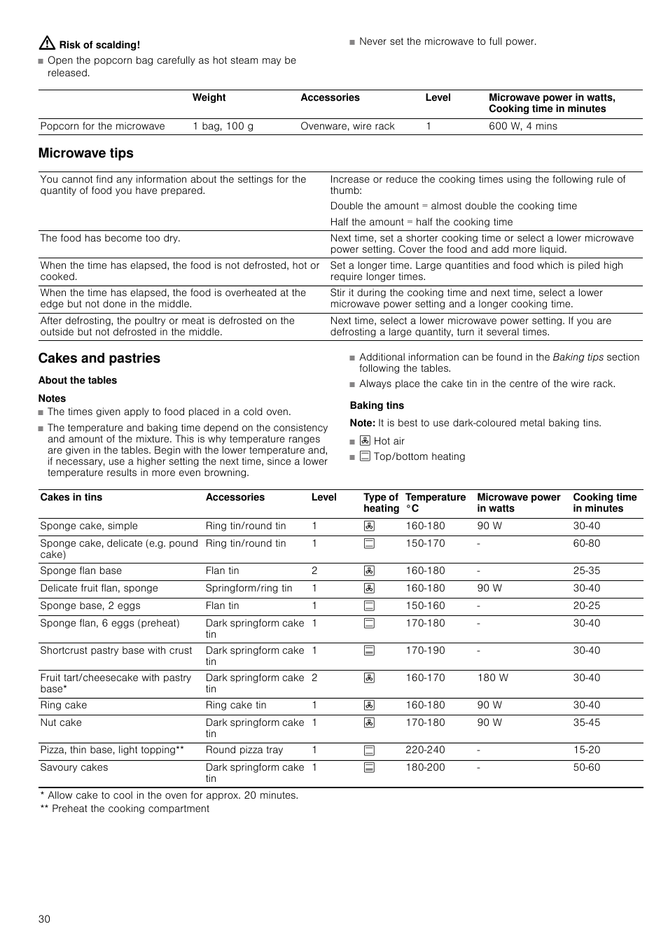 Microwave tips, Cakes and pastries, About the tables | Notes, Baking tins, Note, Microwave tips cakes and pastries | Neff C67M70N3GB User Manual | Page 30 / 40