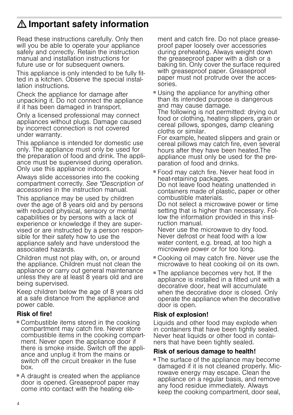 Important safety information, Risk of fire, Risk of explosion | Risk of serious damage to health, Ormation | Neff C67M70N3GB User Manual | Page 4 / 40