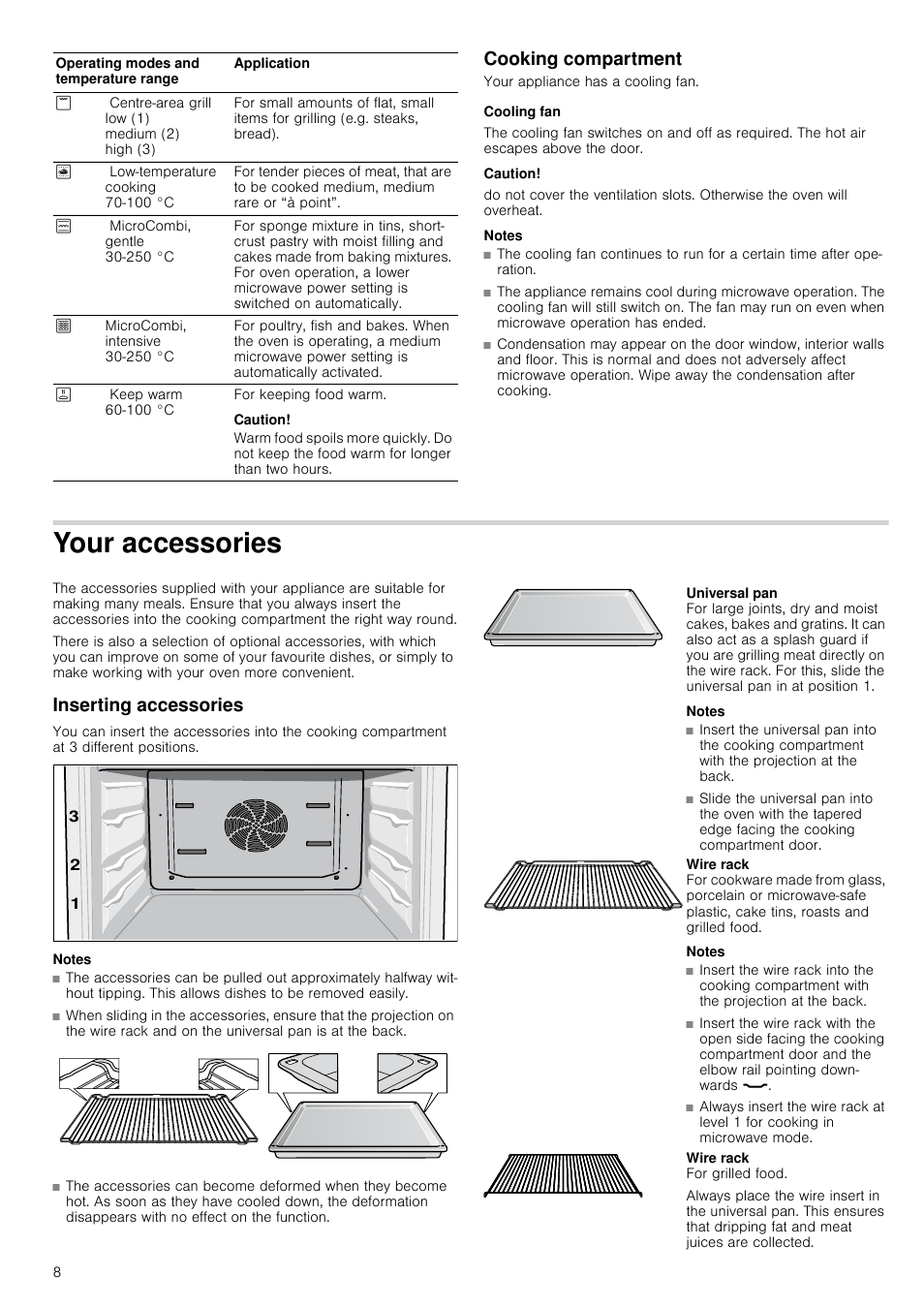 Cooking compartment, Cooling fan, Caution | Notes, Your accessories, Inserting accessories | Neff C67M70N3GB User Manual | Page 8 / 40