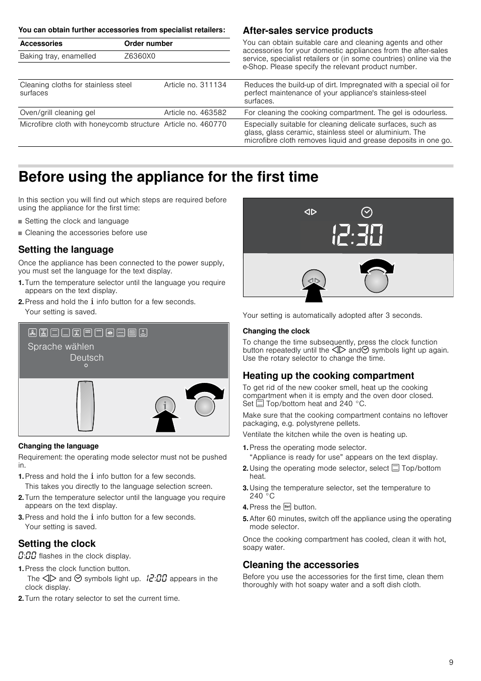 After-sales service products, Before using the appliance for the first time, Setting the language | Press and hold the ± info button for a few seconds, Changing the language, Setting the clock, Press the clock function button, Turn the rotary selector to set the current time, Changing the clock, Heating up the cooking compartment | Neff C67M70N3GB User Manual | Page 9 / 40