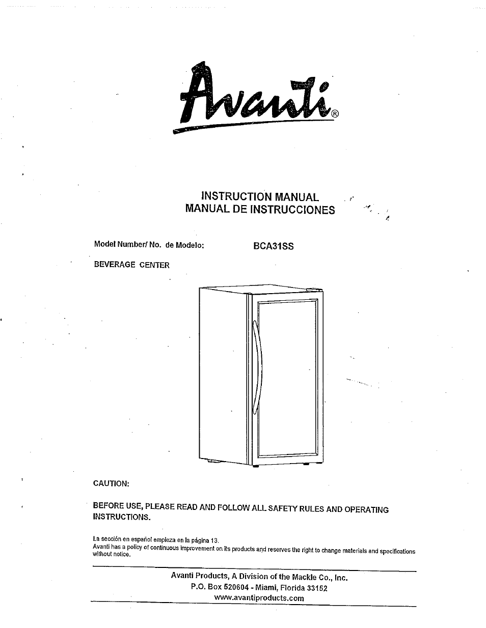 Avanti BCA31SS User Manual | 15 pages