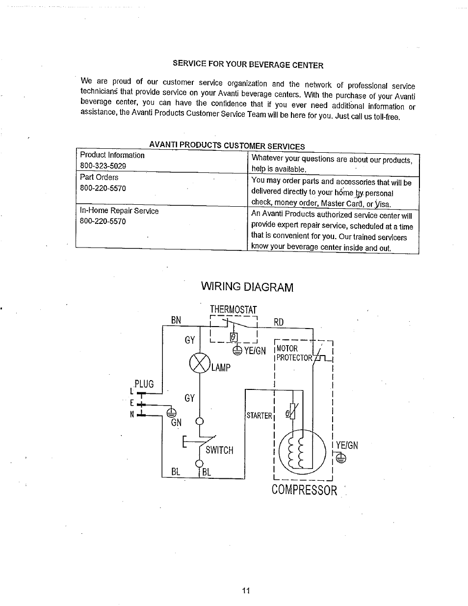 Thermostat, Wiring diagram | Avanti BCA31SS User Manual | Page 11 / 15