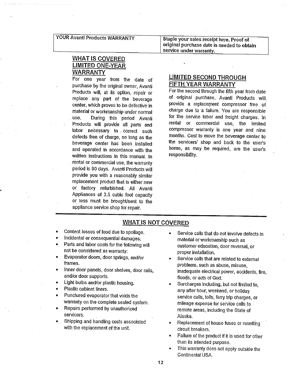 What is covered lilvlited one-year warranty, What is not covered | Avanti BCA31SS User Manual | Page 12 / 15