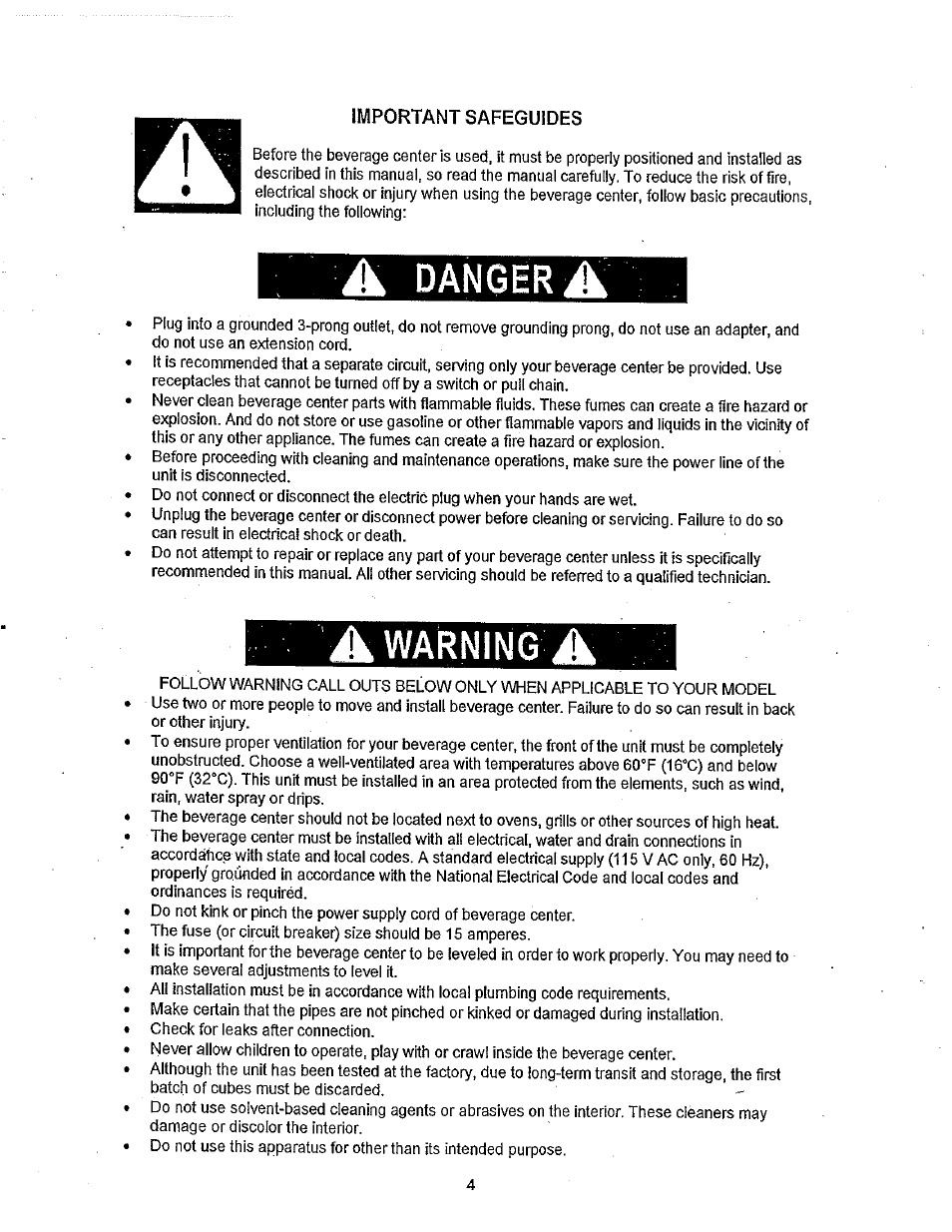 A danger a, A warning a, Danger a | Avanti BCA31SS User Manual | Page 4 / 15