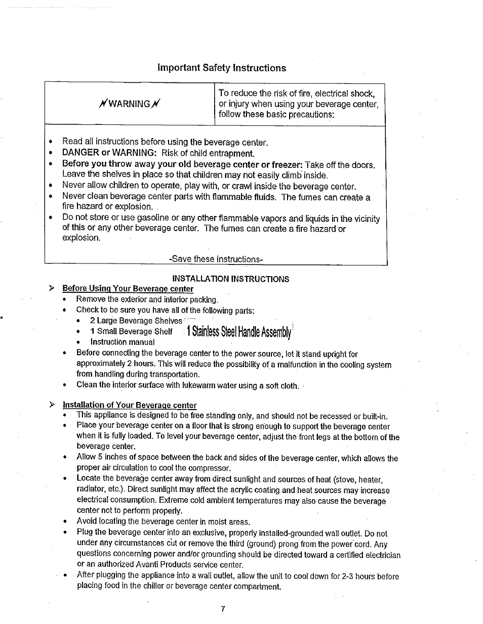 Important safety instructions, 1 stainless steel handle assembly | Avanti BCA31SS User Manual | Page 7 / 15