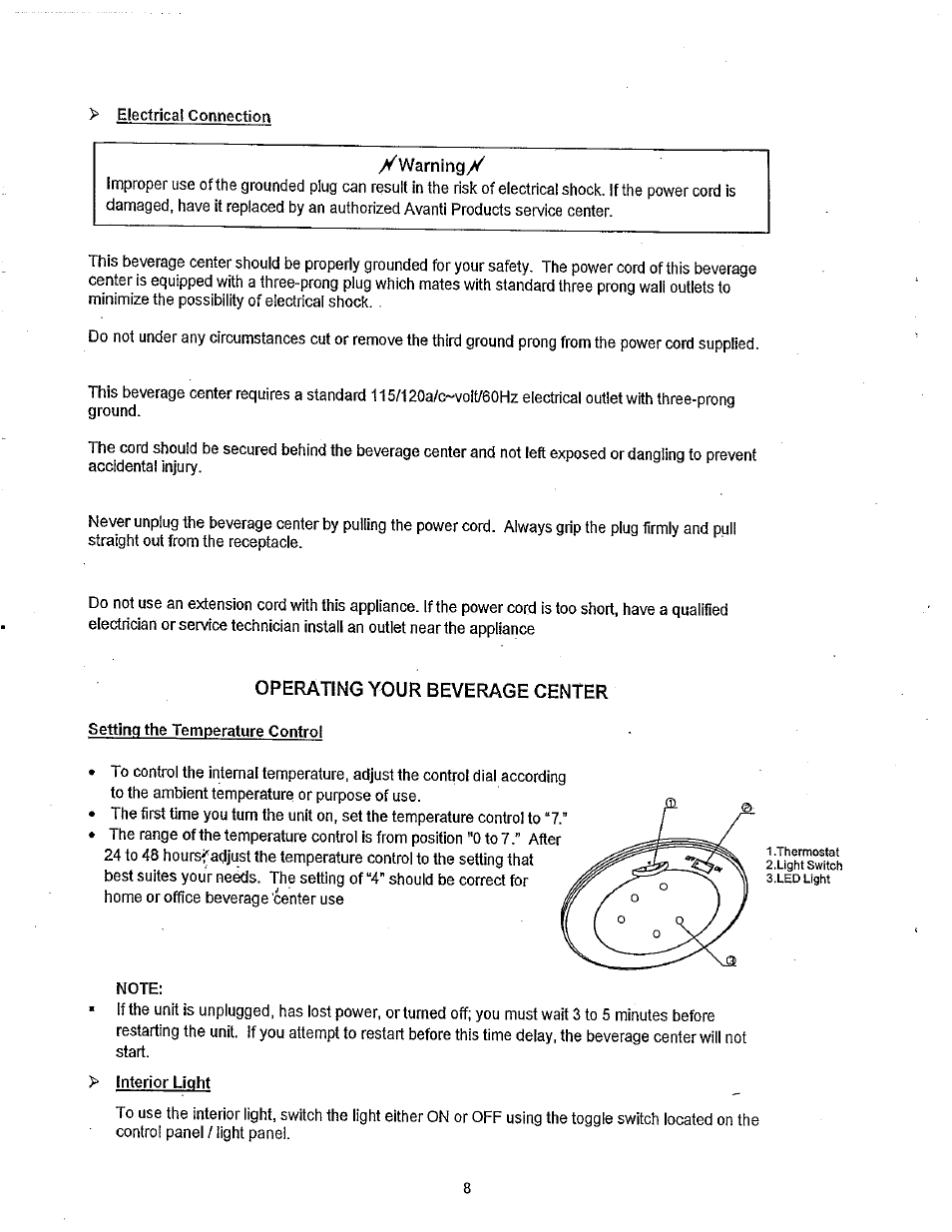 Xwarningx, Operating your beverage center | Avanti BCA31SS User Manual | Page 8 / 15