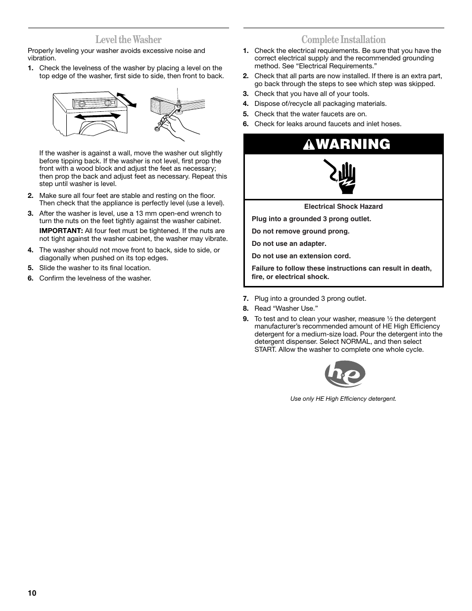 Warning, Level the washer, Complete installation | Whirlpool WFC7500VW User Manual | Page 10 / 52