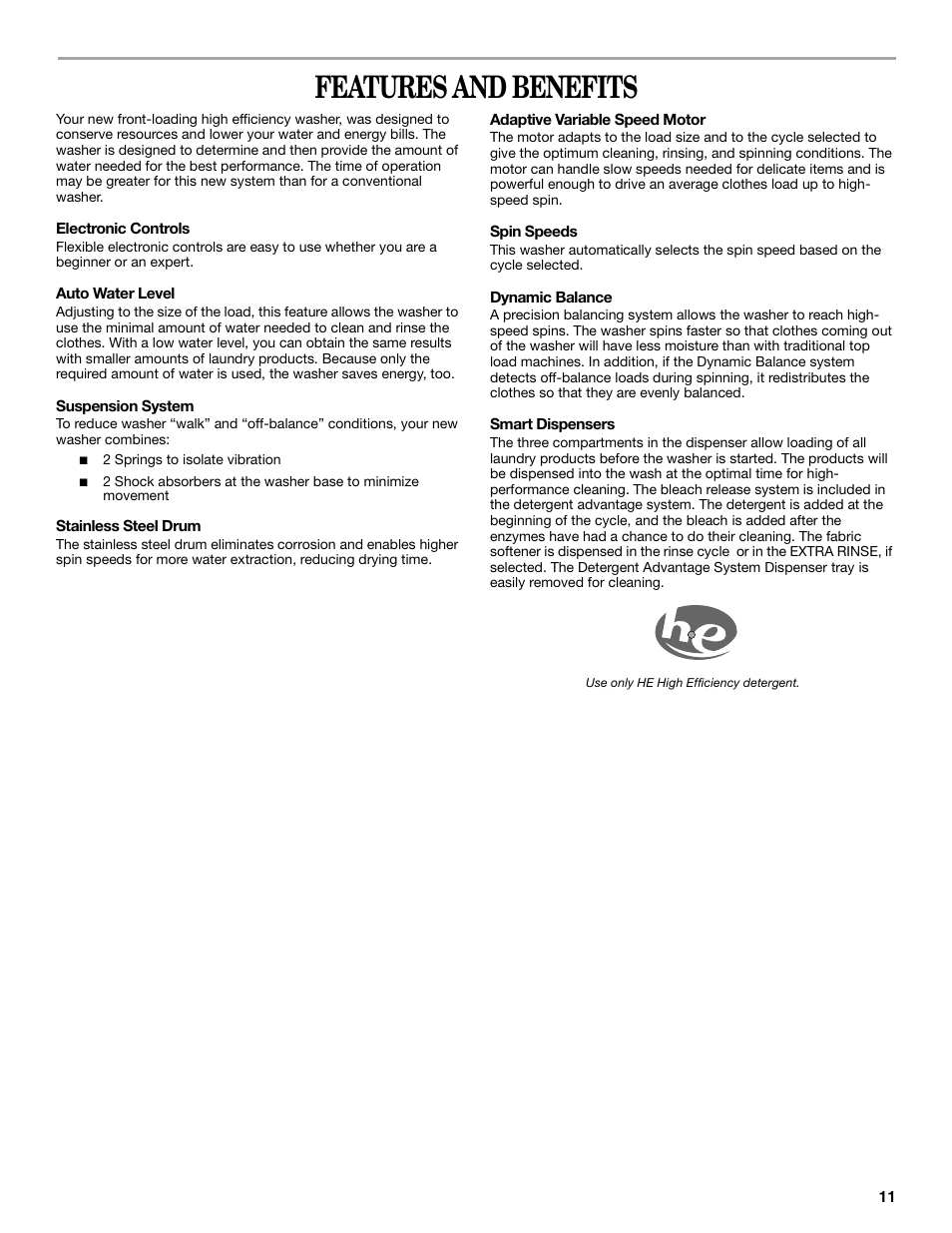 Features and benefits | Whirlpool WFC7500VW User Manual | Page 11 / 52