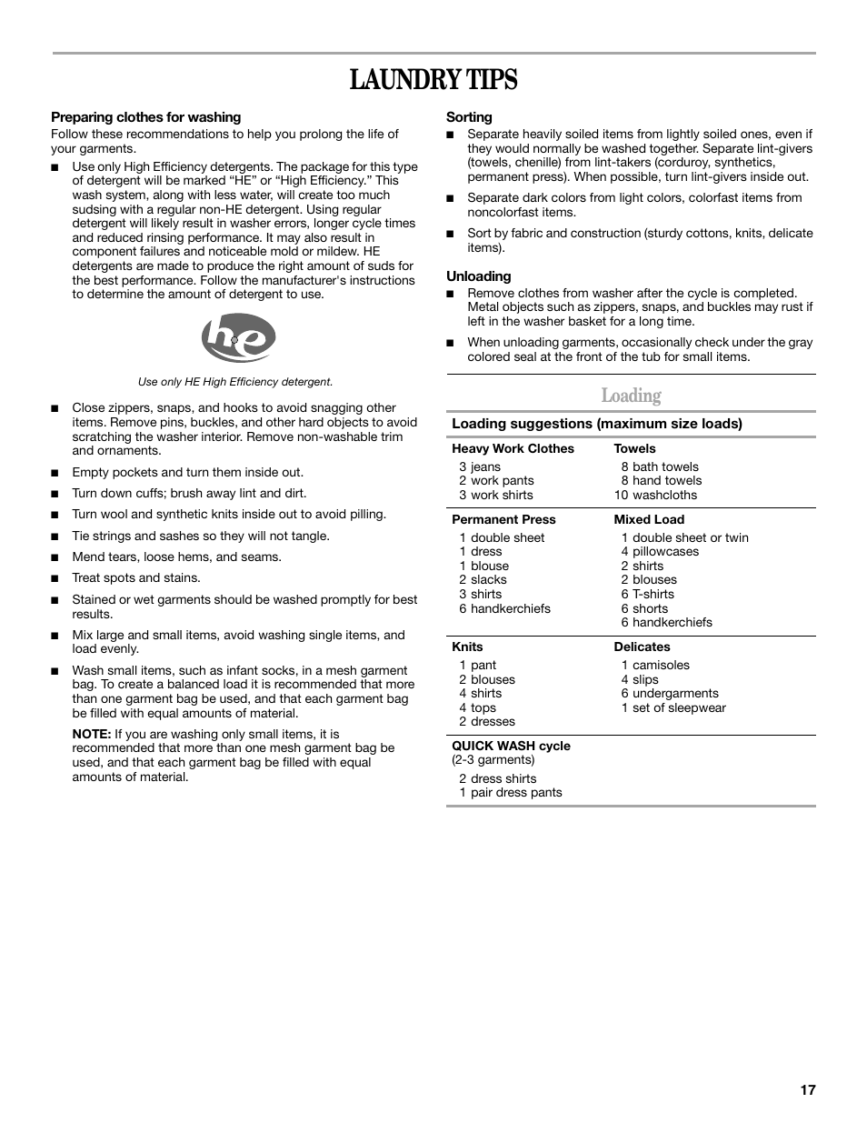 Laundry tips, Loading | Whirlpool WFC7500VW User Manual | Page 17 / 52