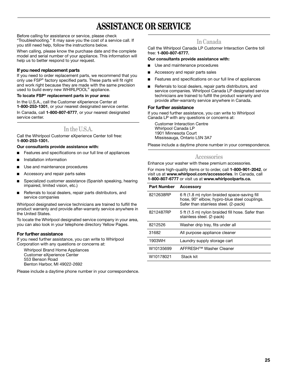 Assistance or service, Accessories | Whirlpool WFC7500VW User Manual | Page 25 / 52