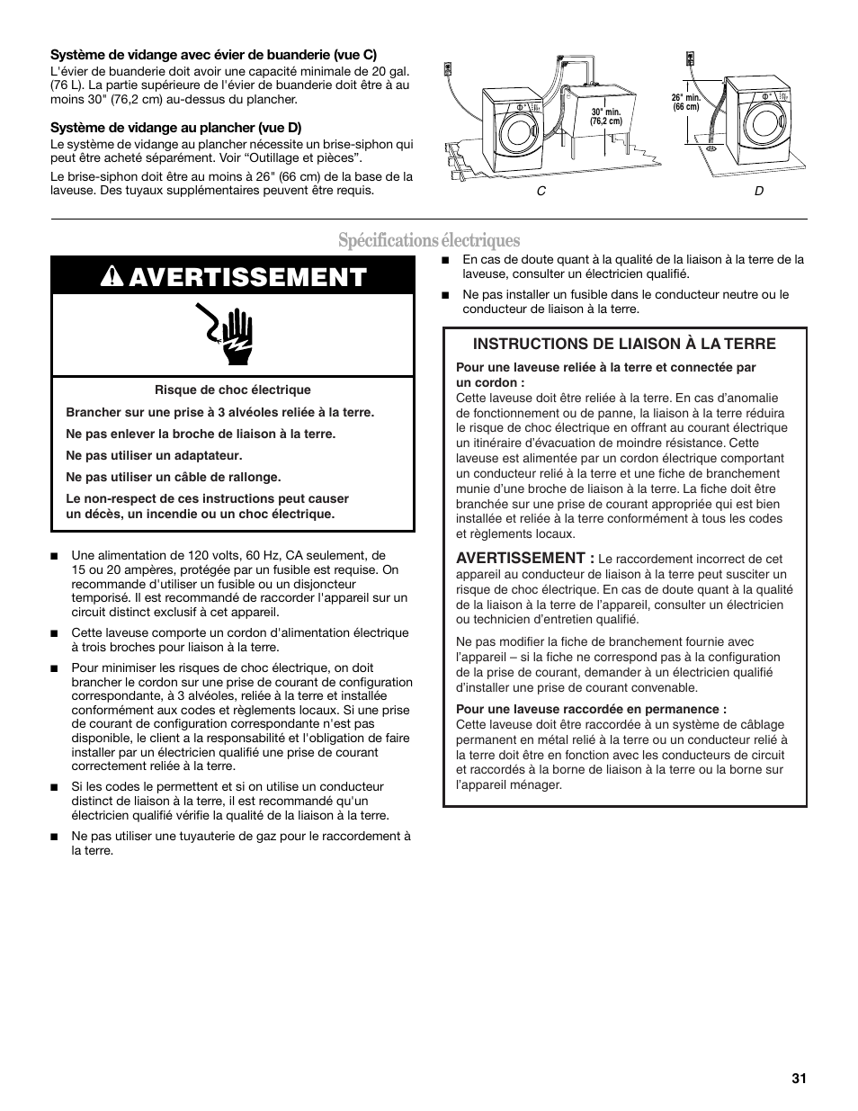 Avertissement, Spécifications électriques, Instructions de liaison à la terre | Whirlpool WFC7500VW User Manual | Page 31 / 52