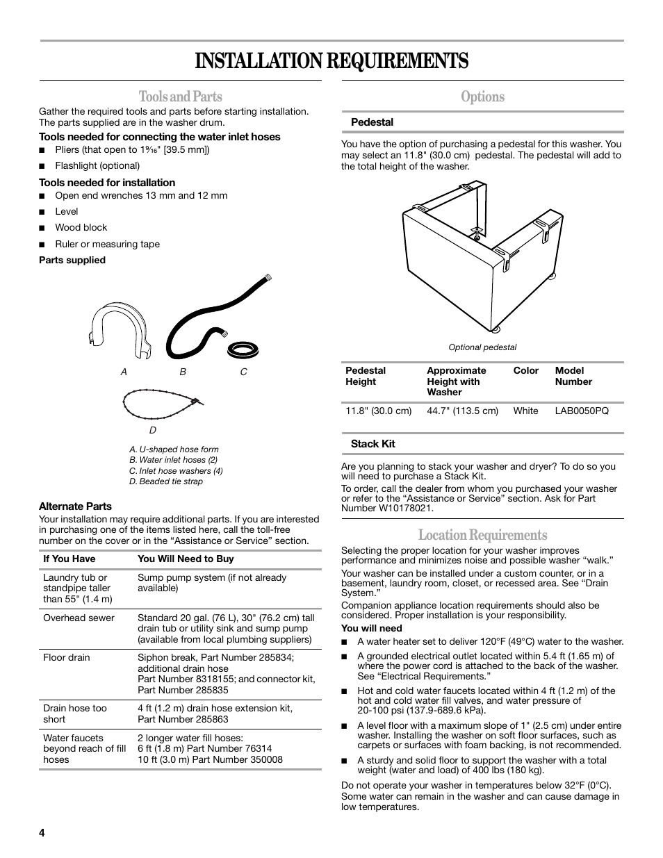 Installation requirements, Tools and parts, Options | Location requirements | Whirlpool WFC7500VW User Manual | Page 4 / 52