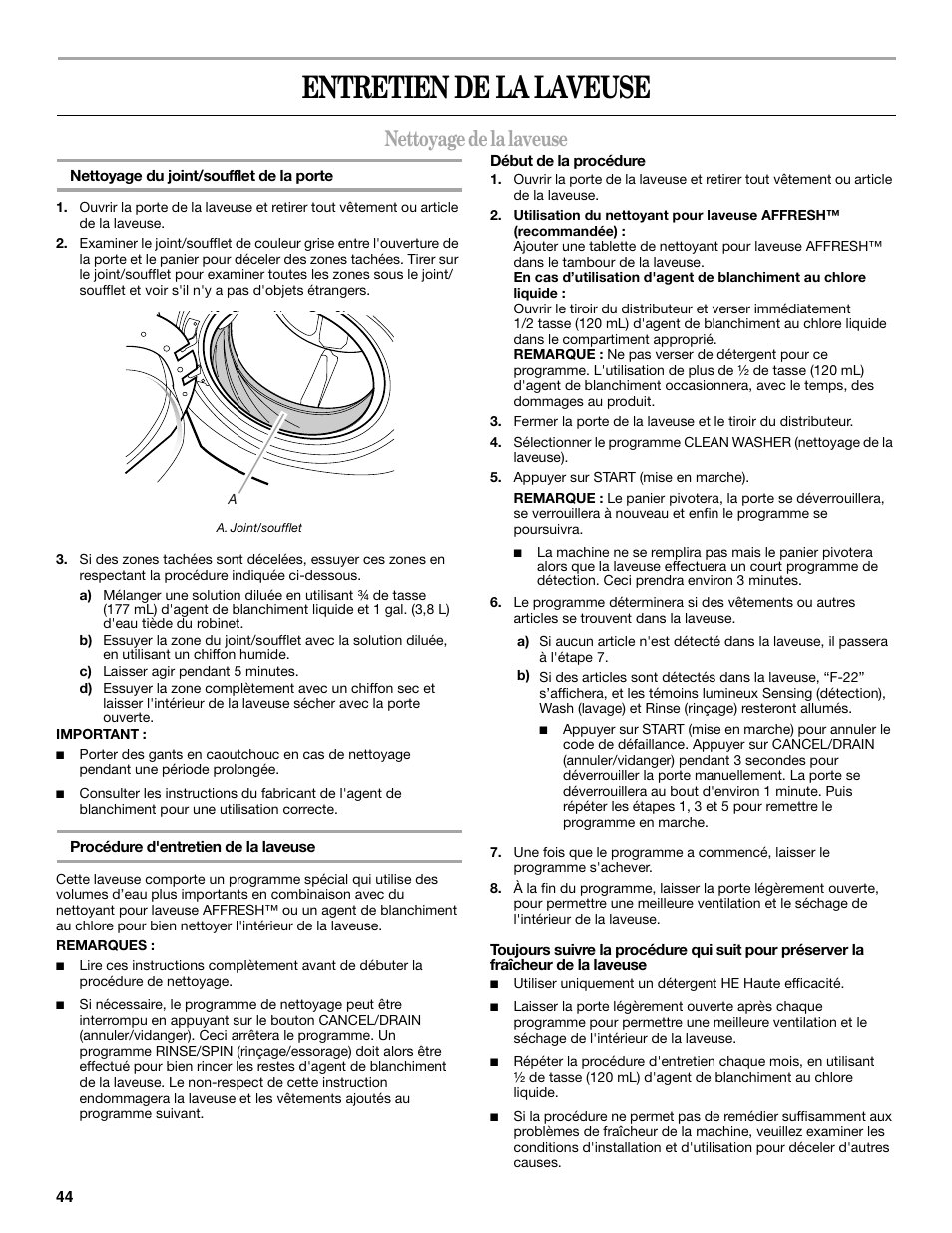 Entretien de la laveuse, Nettoyage de la laveuse | Whirlpool WFC7500VW User Manual | Page 44 / 52