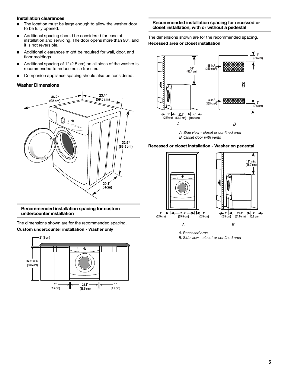 5installation clearances | Whirlpool WFC7500VW User Manual | Page 5 / 52