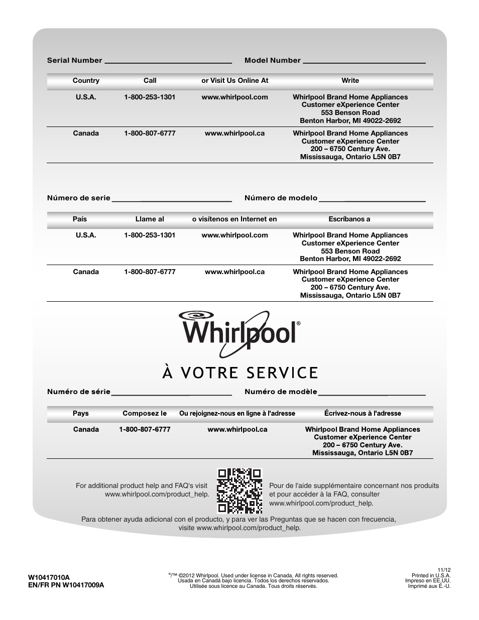 At your service, A su servicio | Whirlpool WRF989SDAM User Manual | Page 4 / 4