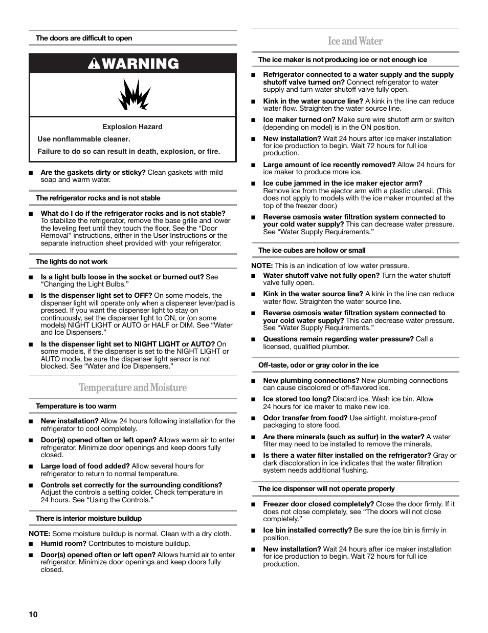 Warning, Temperature and moisture, Ice and water | Whirlpool GSC25C6EYY User Manual | Page 10 / 44