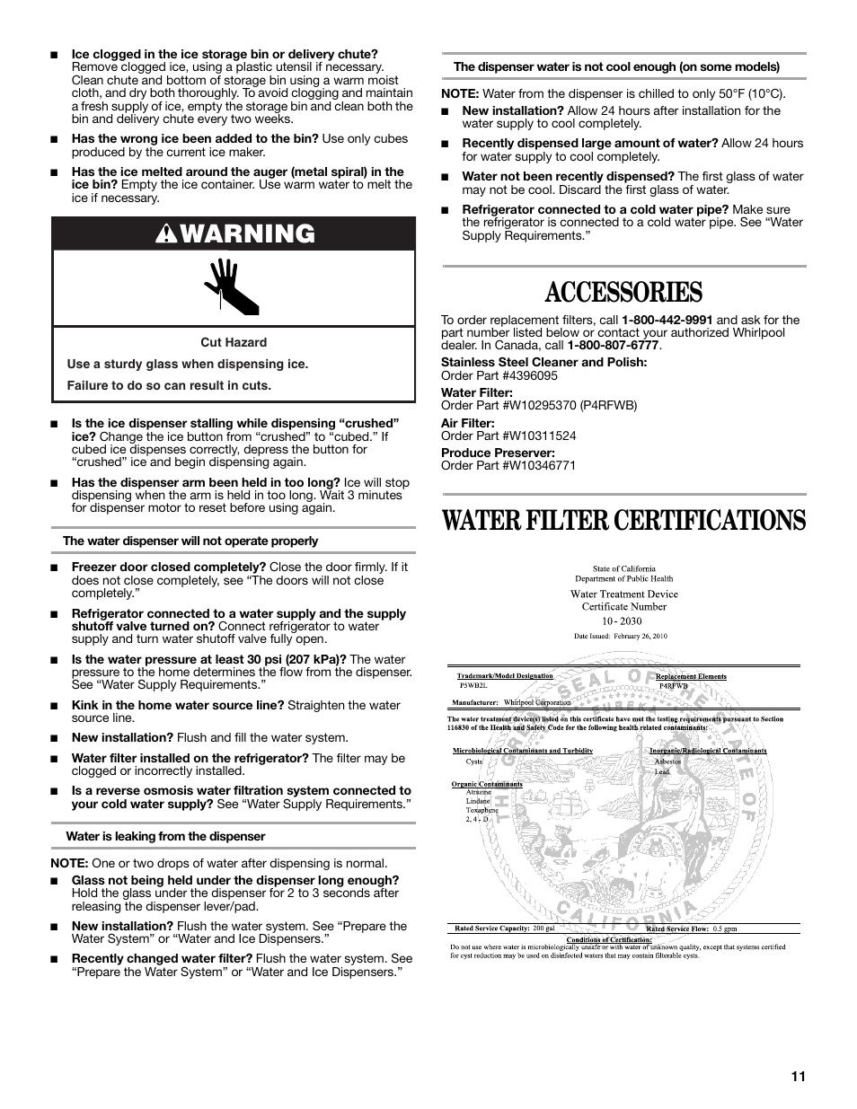 Accessories, Water filter certifications, Warning | Whirlpool GSC25C6EYY User Manual | Page 11 / 44