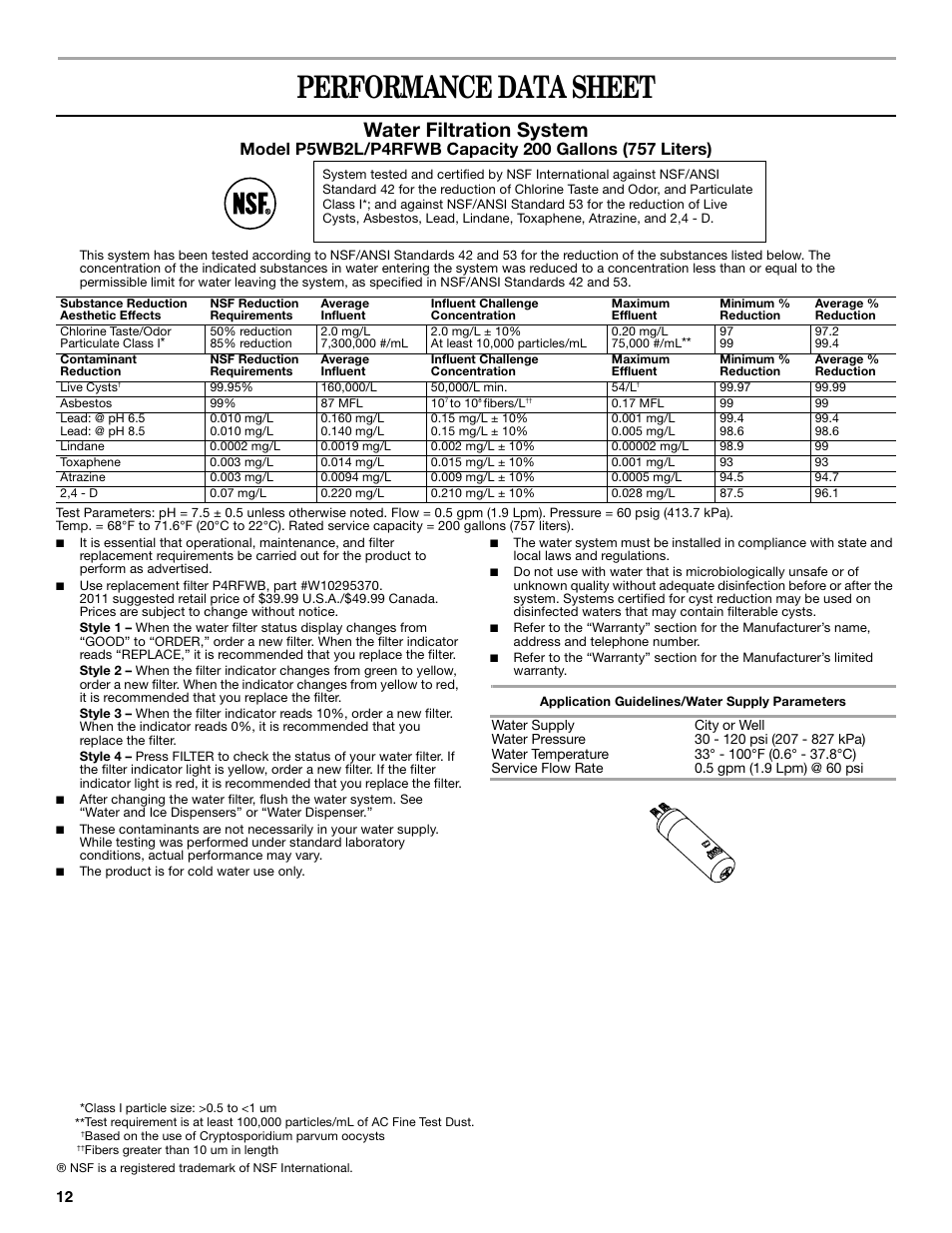 Performance data sheet, Water filtration system | Whirlpool GSC25C6EYY User Manual | Page 12 / 44