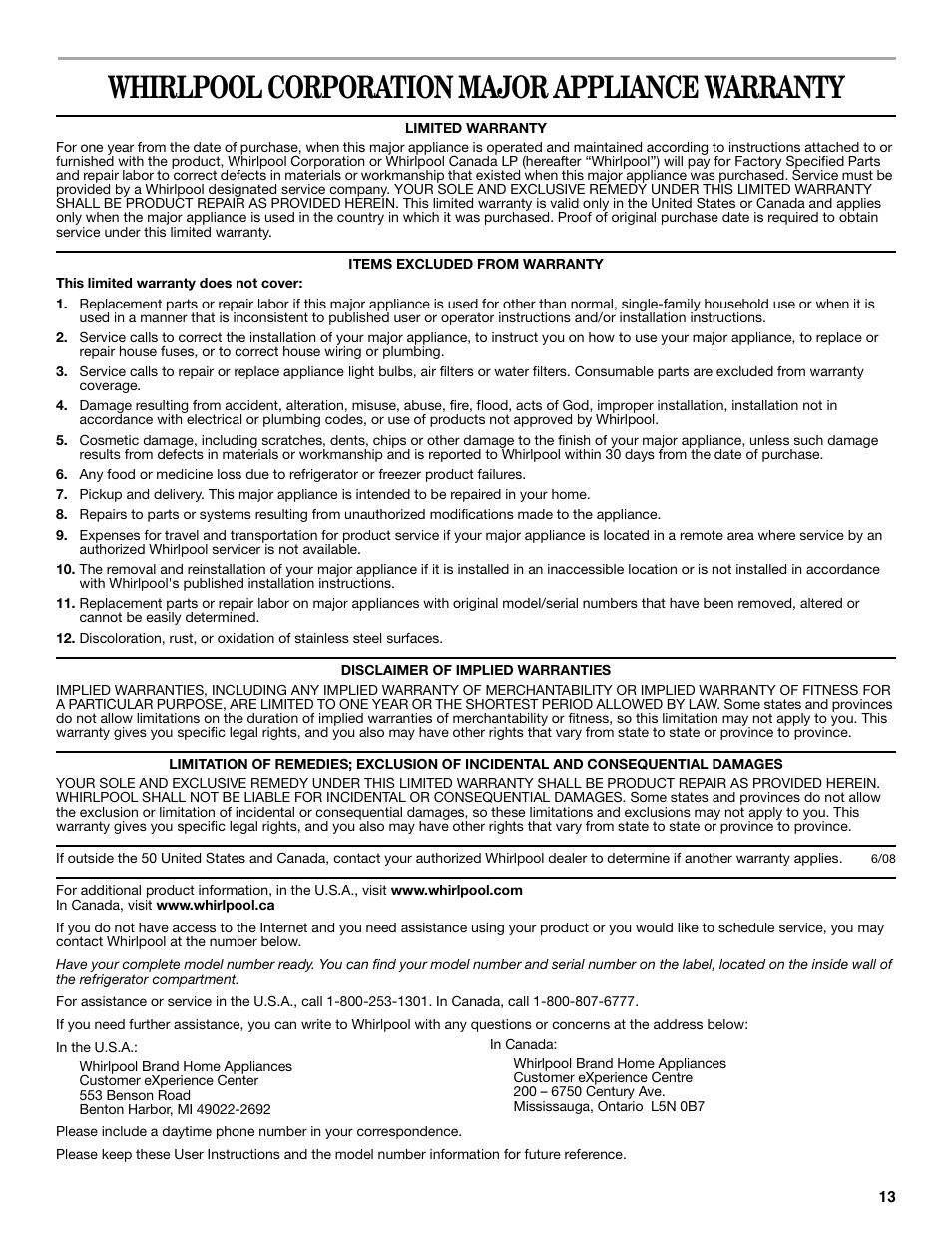 Whirlpool corporation major appliance warranty | Whirlpool GSC25C6EYY User Manual | Page 13 / 44