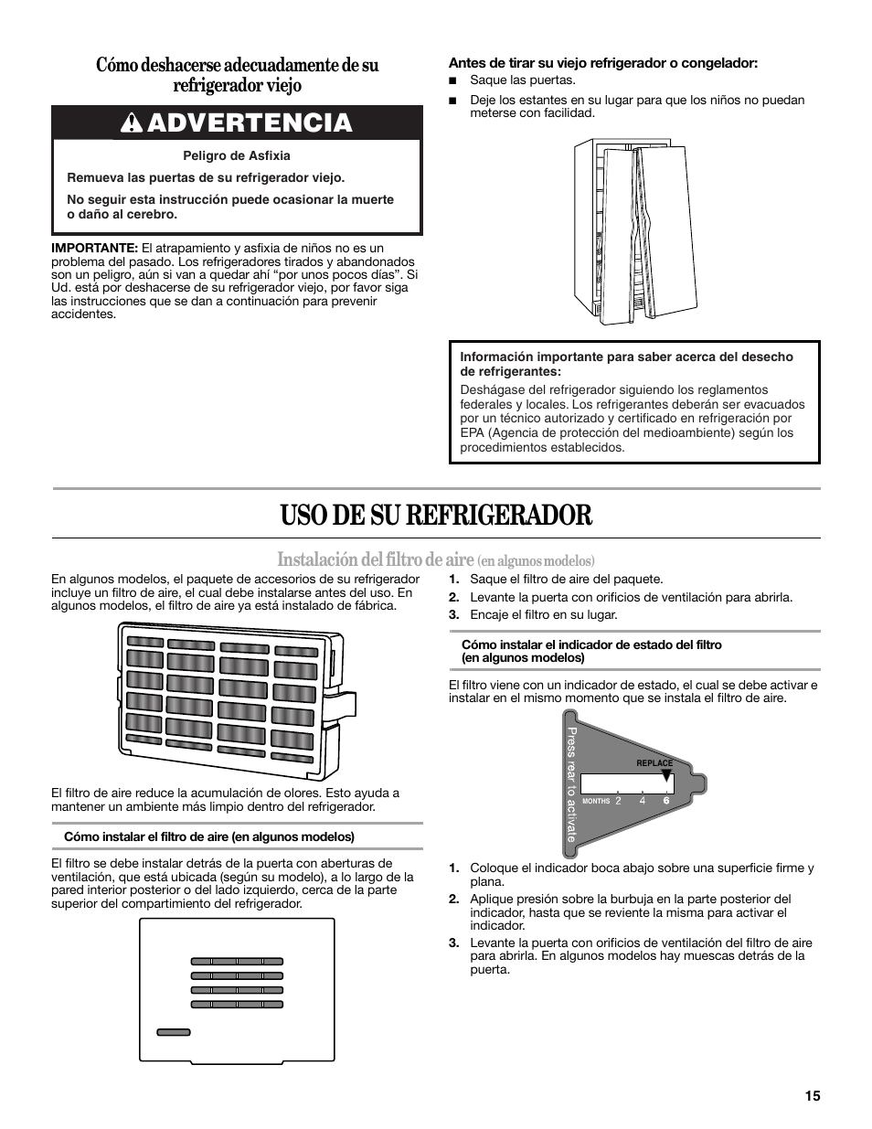 Uso de su refrigerador, Advertencia, Instalación del filtro de aire | Whirlpool GSC25C6EYY User Manual | Page 15 / 44