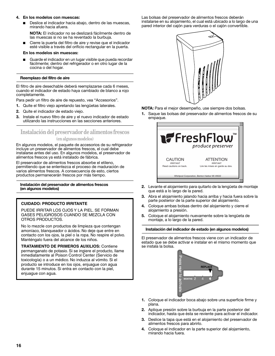 Instalación del preservador de alimentos frescos, En algunos modelos), En los modelos con muescas | Caution, Attention | Whirlpool GSC25C6EYY User Manual | Page 16 / 44