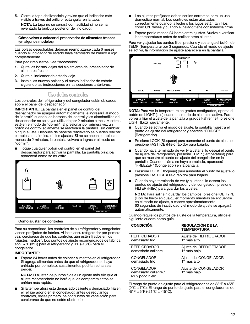 Uso de los controles | Whirlpool GSC25C6EYY User Manual | Page 17 / 44