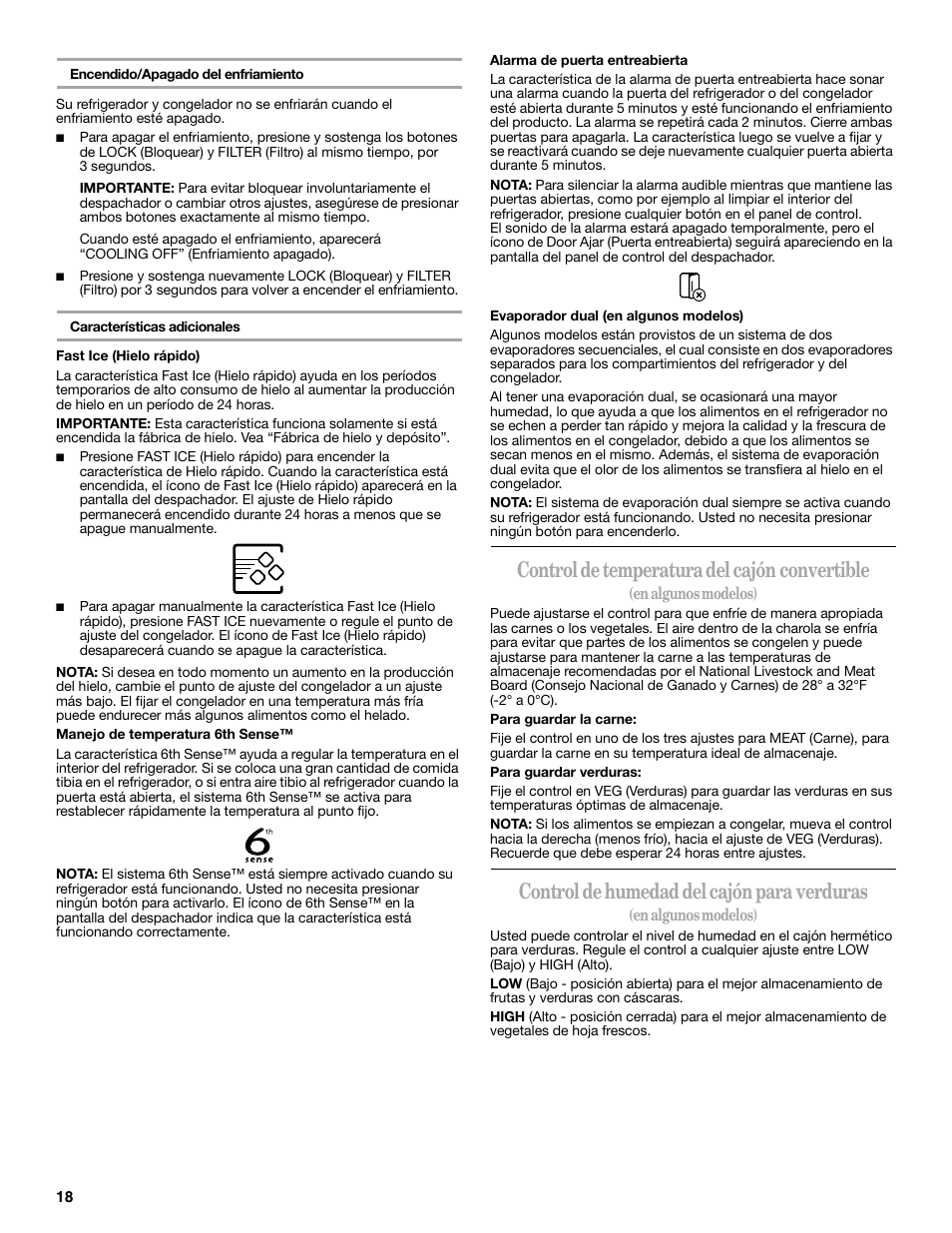 Control de temperatura del cajón convertible, Control de humedad del cajón para verduras | Whirlpool GSC25C6EYY User Manual | Page 18 / 44