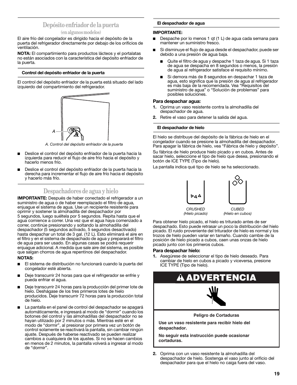 Advertencia, Depósito enfriador de la puerta, Despachadores de agua y hielo | Whirlpool GSC25C6EYY User Manual | Page 19 / 44