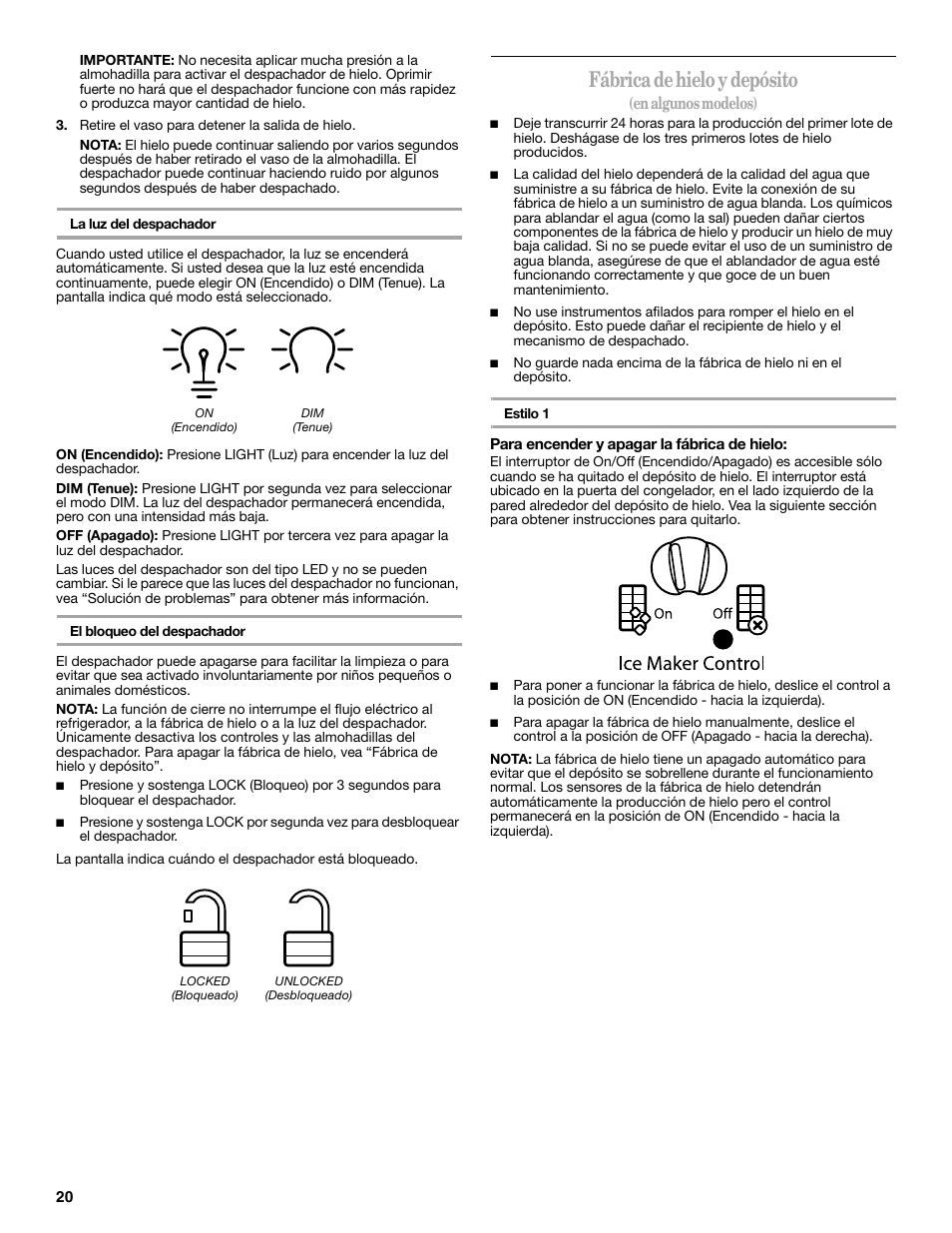 Fábrica de hielo y depósito, En algunos modelos) | Whirlpool GSC25C6EYY User Manual | Page 20 / 44