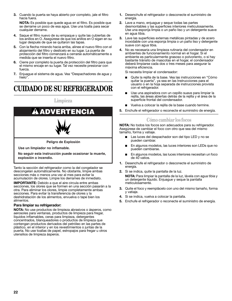 Cuidado de su refrigerador, Advertencia, Limpieza | Cómo cambiar los focos | Whirlpool GSC25C6EYY User Manual | Page 22 / 44