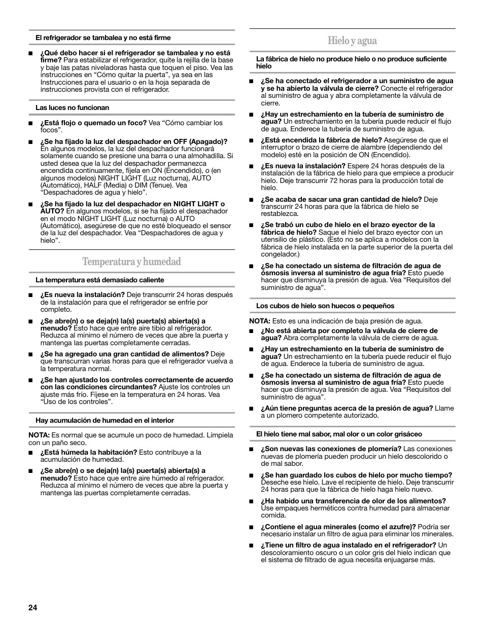 Temperatura y humedad, Hielo y agua | Whirlpool GSC25C6EYY User Manual | Page 24 / 44