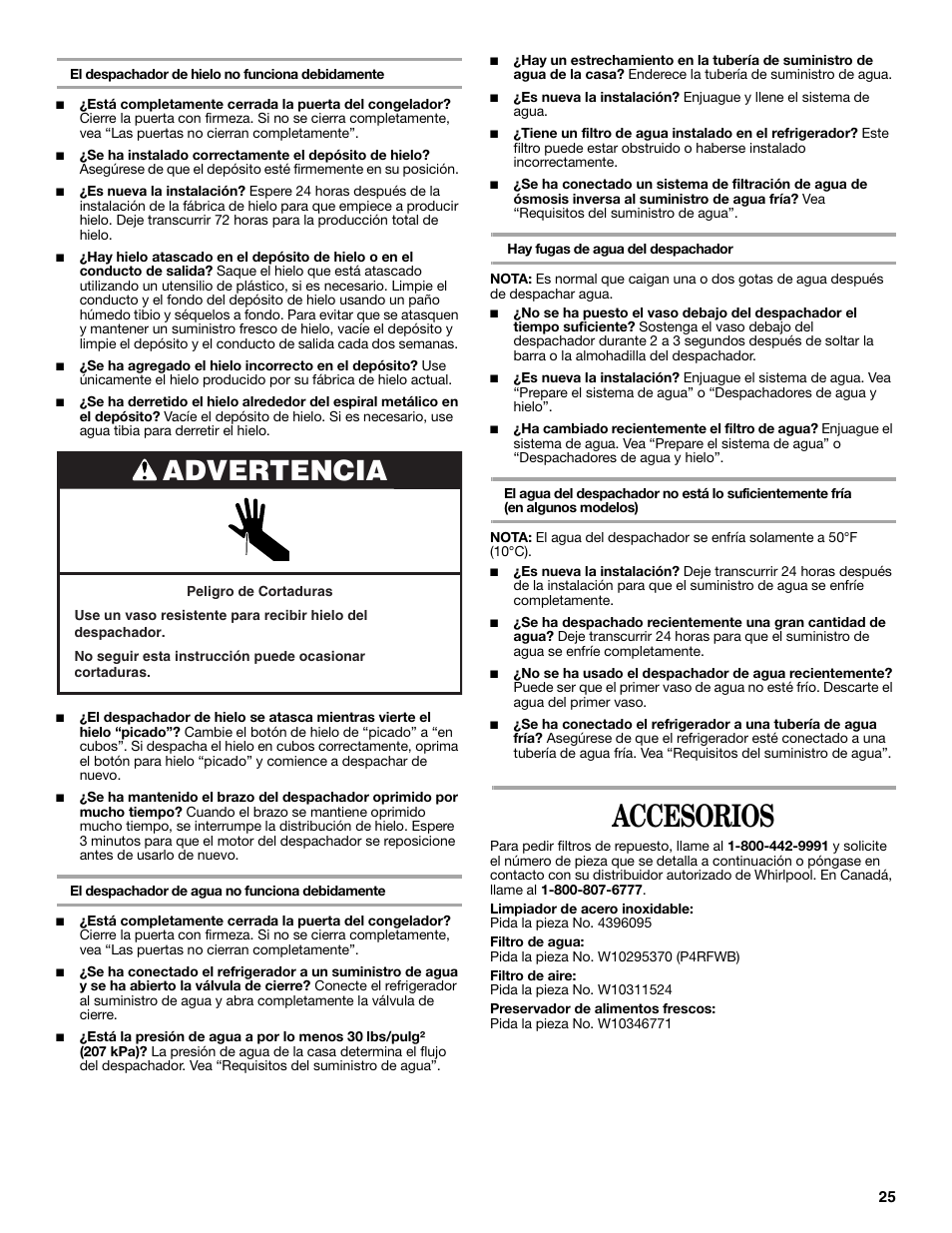 Accesorios, Advertencia | Whirlpool GSC25C6EYY User Manual | Page 25 / 44