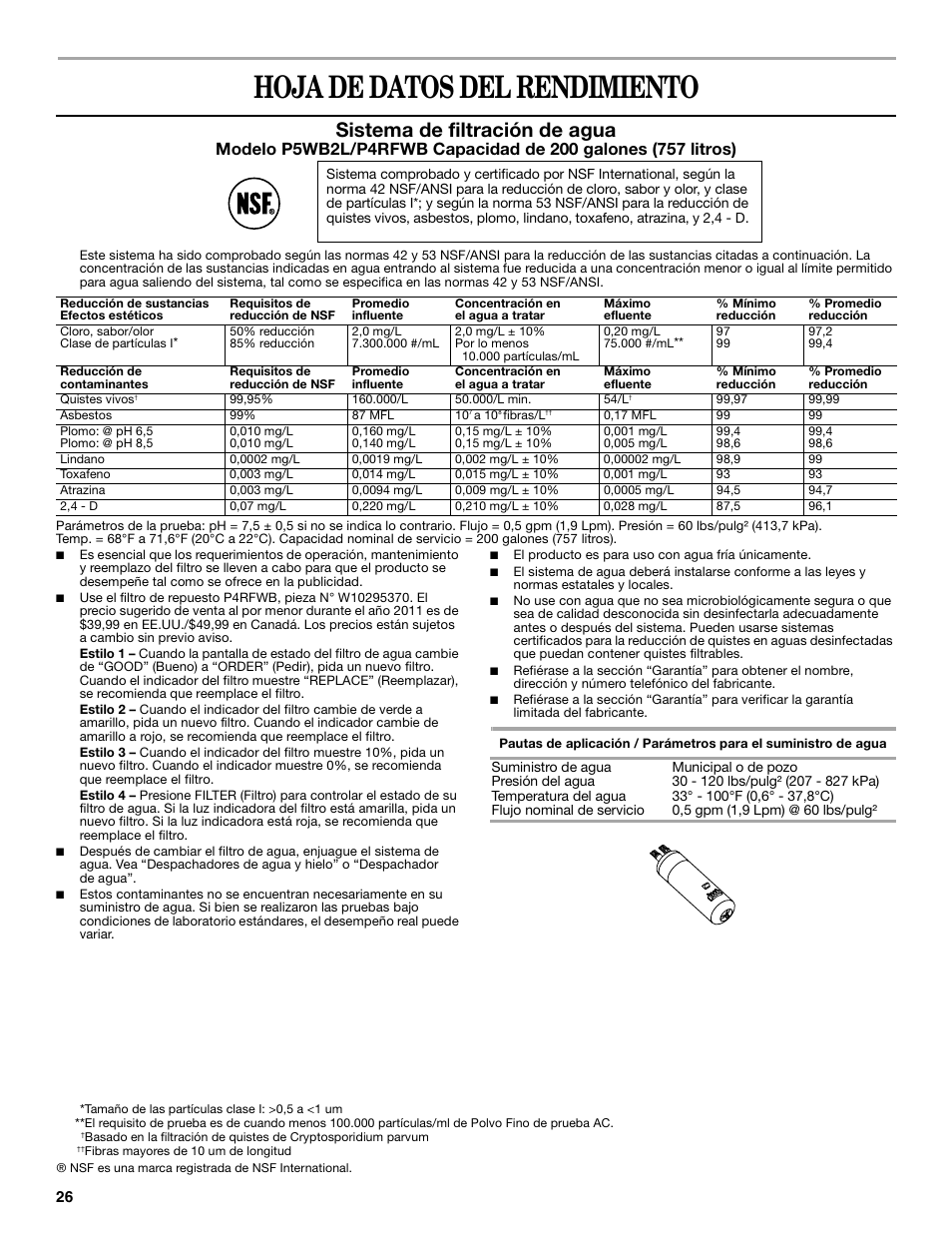 Hoja de datos del rendimiento, Sistema de filtración de agua | Whirlpool GSC25C6EYY User Manual | Page 26 / 44