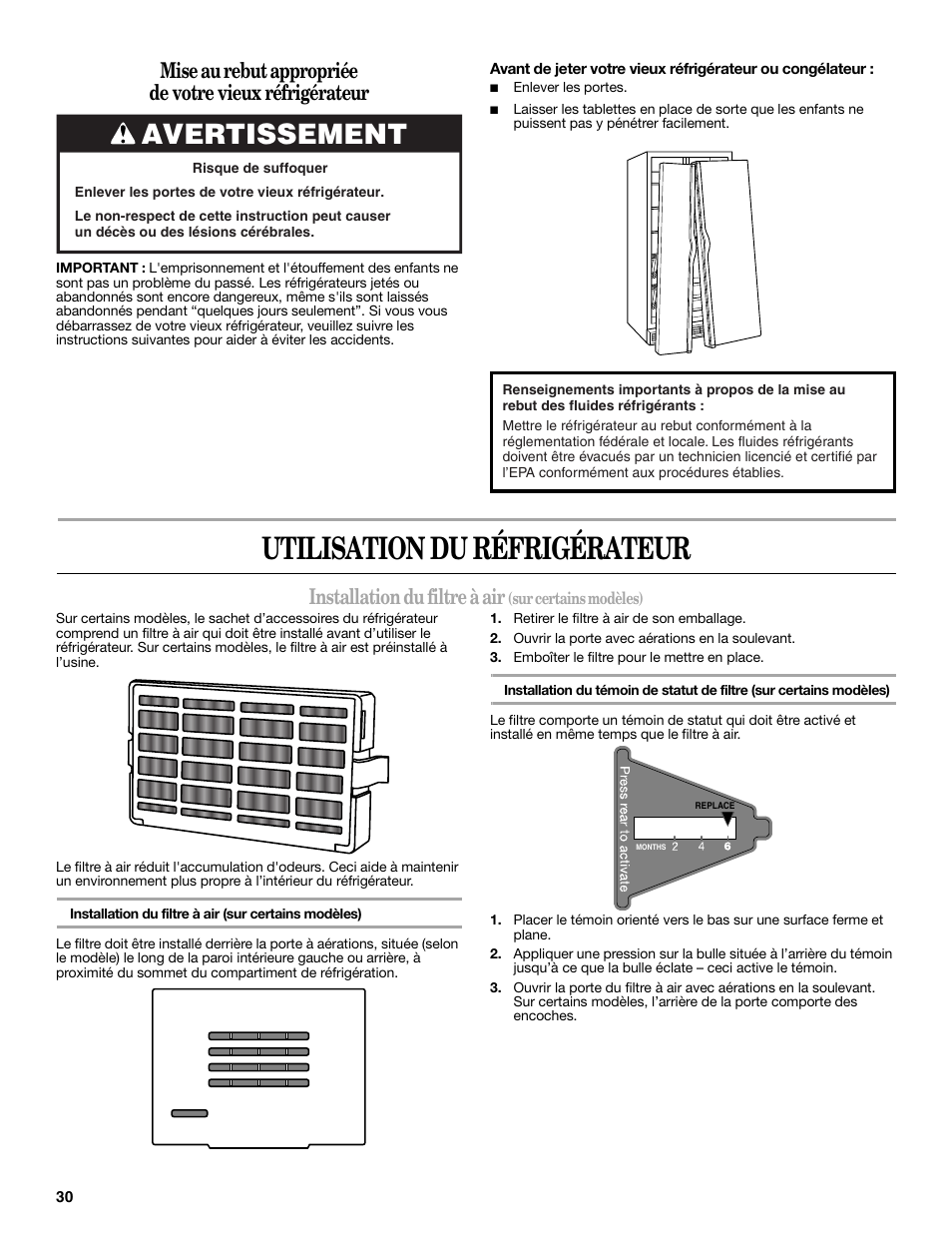 Utilisation du réfrigérateur, Avertissement, Installation du filtre à air | Whirlpool GSC25C6EYY User Manual | Page 30 / 44