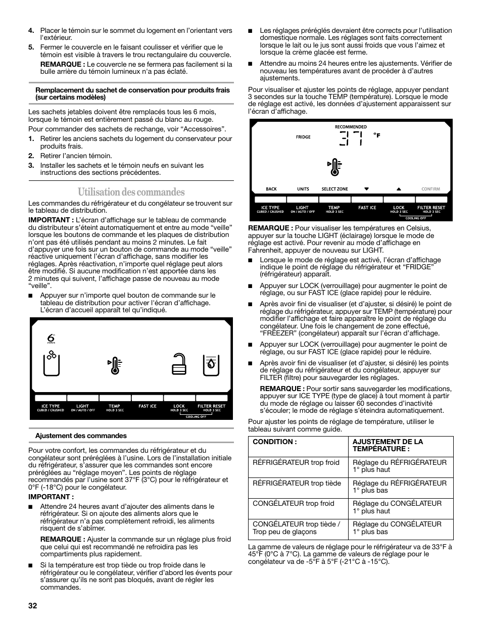 Utilisation des commandes | Whirlpool GSC25C6EYY User Manual | Page 32 / 44