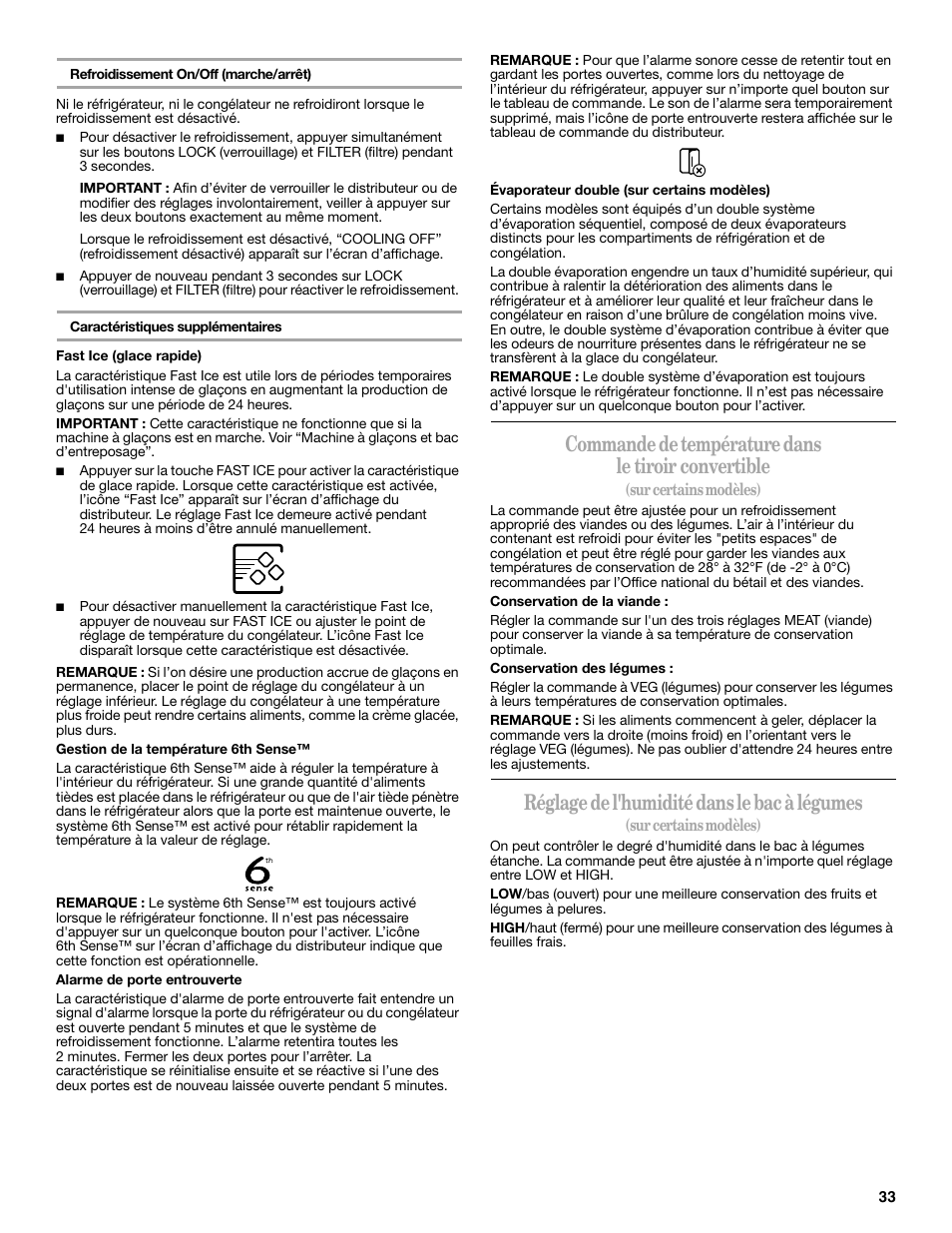 Commande de température dans le tiroir convertible, Réglage de l'humidité dans le bac à légumes | Whirlpool GSC25C6EYY User Manual | Page 33 / 44