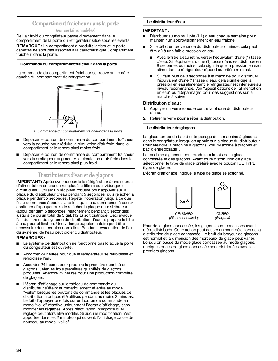 Compartiment fraîcheur dans la porte, Distributeurs d’eau et de glaçons, Sur certains modèles) | Whirlpool GSC25C6EYY User Manual | Page 34 / 44