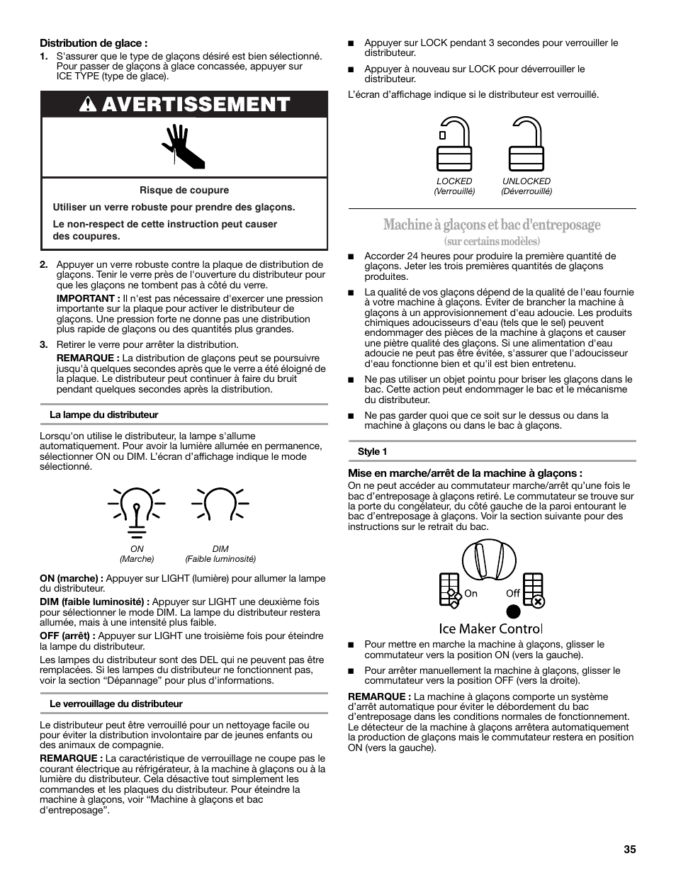 Avertissement, Machine à glaçons et bac d'entreposage | Whirlpool GSC25C6EYY User Manual | Page 35 / 44