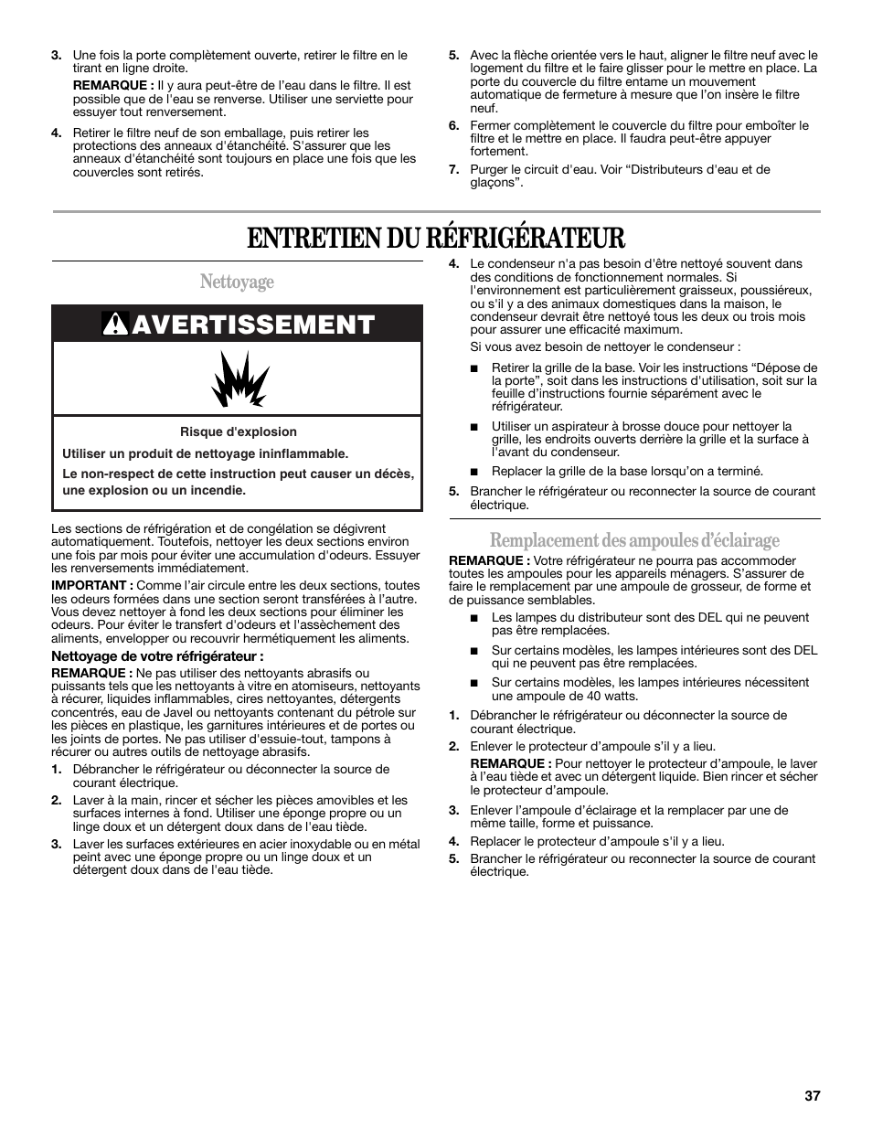 Entretien du réfrigérateur, Avertissement, Nettoyage | Remplacement des ampoules d’éclairage | Whirlpool GSC25C6EYY User Manual | Page 37 / 44