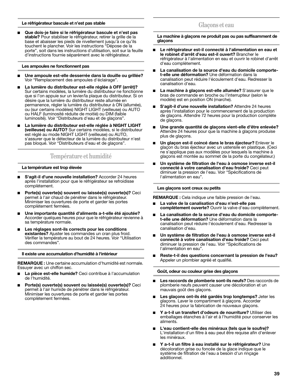 Température et humidité, Glaçons et eau | Whirlpool GSC25C6EYY User Manual | Page 39 / 44