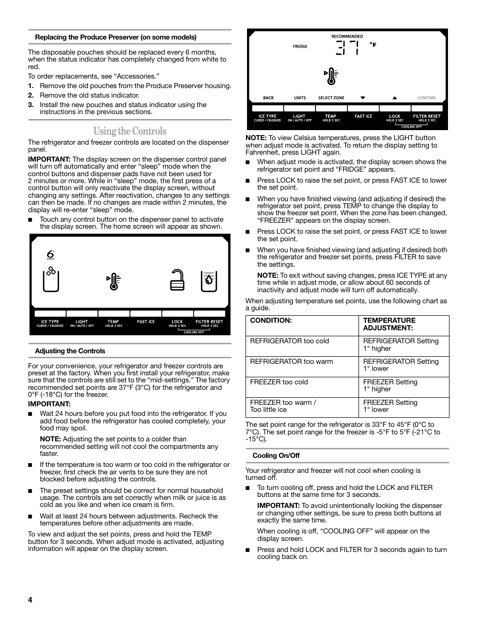 Using the controls | Whirlpool GSC25C6EYY User Manual | Page 4 / 44