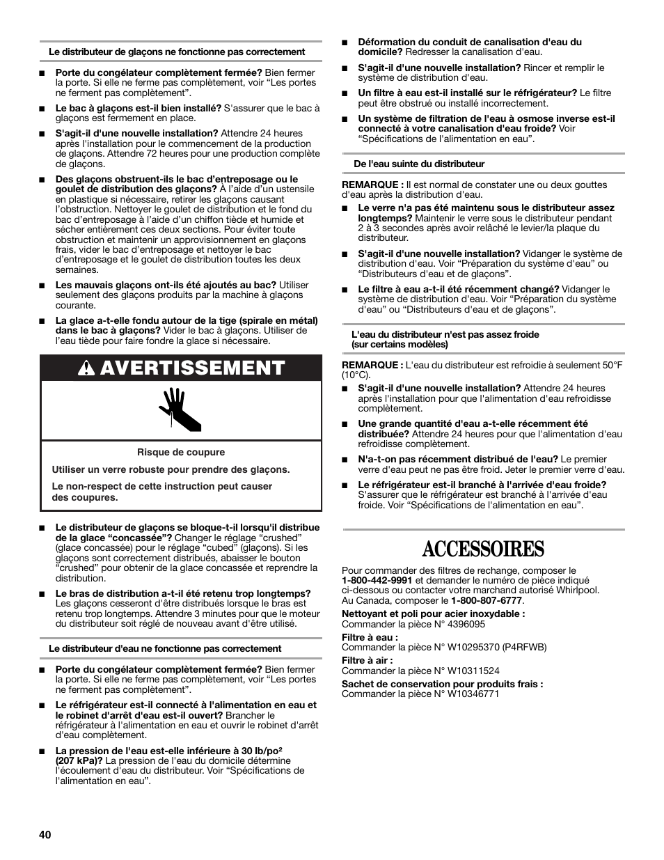 Accessoires, Avertissement | Whirlpool GSC25C6EYY User Manual | Page 40 / 44